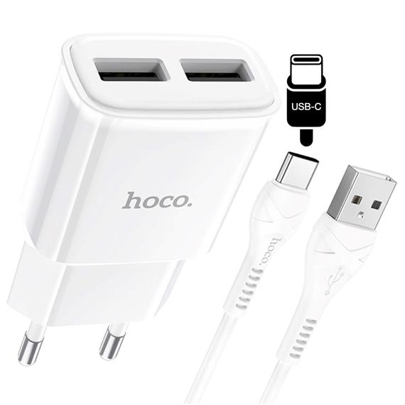 Hoco C88A Cargador Star Round Dual Port + Cable USB-C Blanco