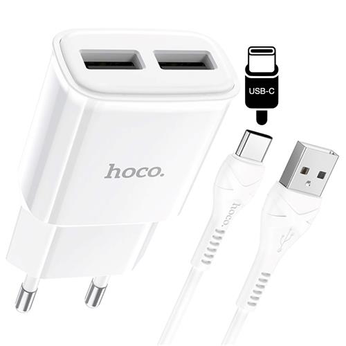 Hoco C88A Cargador Star Round Dual Port + Cable USB-C Blanco