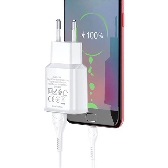 Hoco C88A Cargador Star Round Dual Port + Cable USB-C Blanco