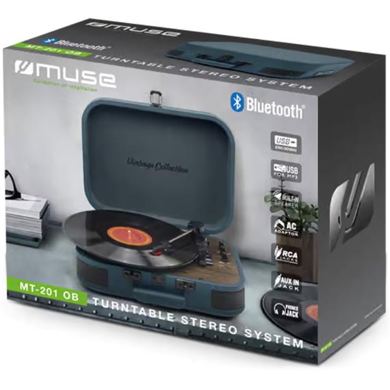 Muse MT201OB Tocadiscos con Tres velocidades, Bluetooth, USB y SD Azul