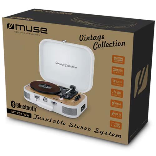 Muse MT201WW Tocadiscos con Tres velocidades, Bluetooth, USB y SD Blanco