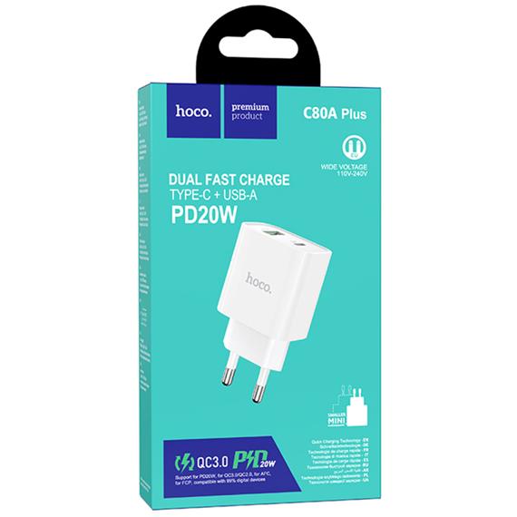 Hoco C80A Plus Cargador Rápido USB-A y USB-C 20W QC3.0 Blanco