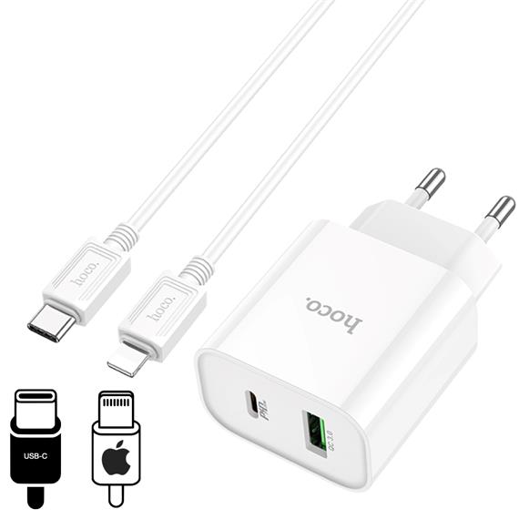 Hoco C80A Plus Cargador Rápido USB-A y USB-C 20W QC3.0 + Cable Lightning