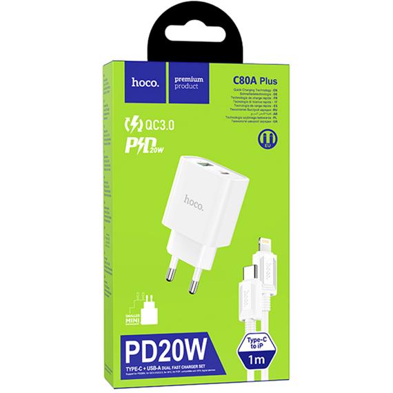 Hoco C80A Plus Cargador Rápido USB-A y USB-C 20W QC3.0 + Cable Lightning