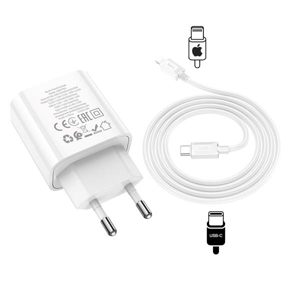 Hoco C80A Plus Cargador Rápido USB-A y USB-C 20W QC3.0 + Cable Lightning
