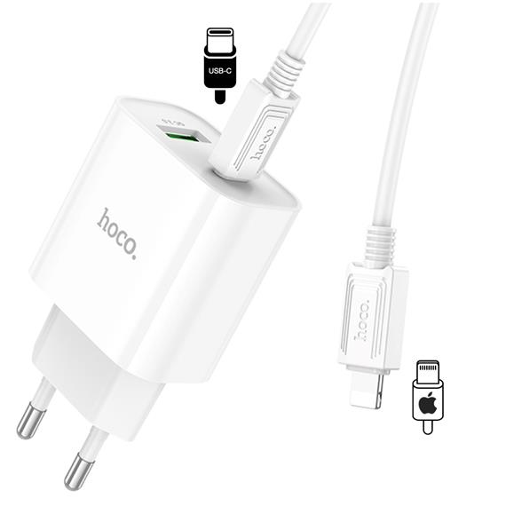 Hoco C80A Plus Cargador Rápido USB-A y USB-C 20W QC3.0 + Cable Lightning