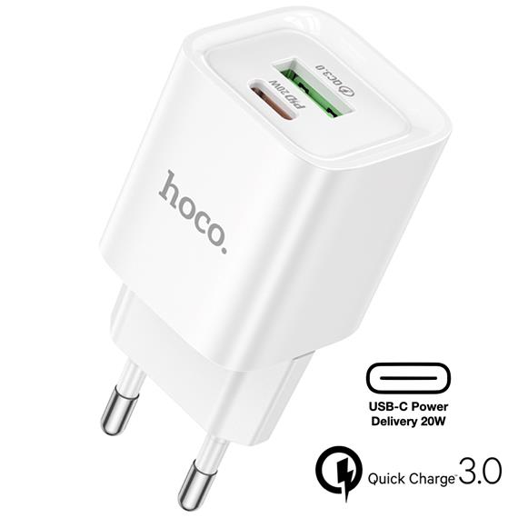Hoco C147A Cargador USB QC3.0 y USB-C PD 20W Blanco