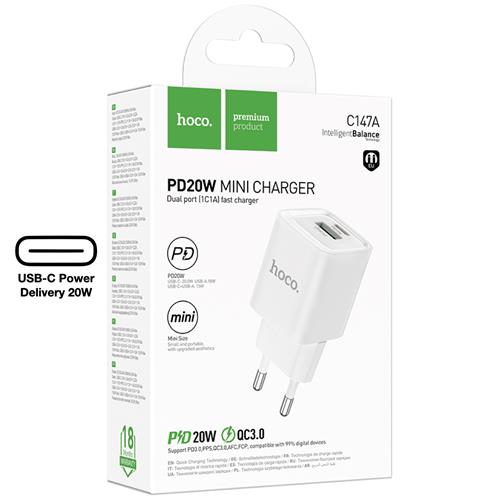 Hoco C147A Cargador USB QC3.0 y USB-C PD 20W Blanco