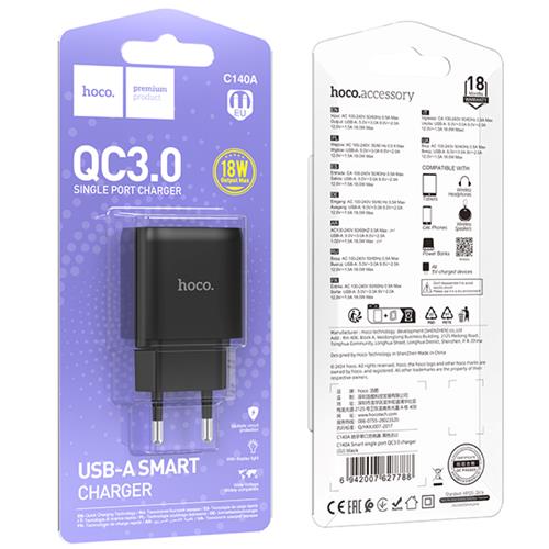 Hoco C140A Cargador USB-A QC 3.0 Negro
