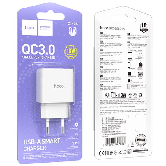 Hoco C140A Cargador USB-A QC 3.0 Blanco