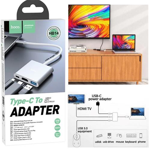 Hoco HB14 Adaptador Hub USB-C a HDMI, USB-C para Carga y USB 3.0