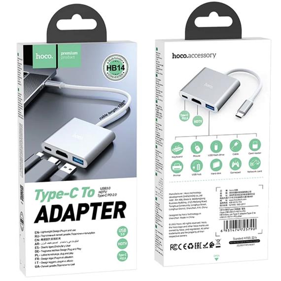 Hoco HB14 Adaptador Hub USB-C a HDMI, USB-C para Carga y USB 3.0