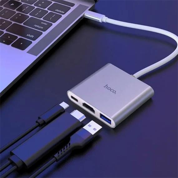 Hoco HB14 Adaptador Hub USB-C a HDMI, USB-C para Carga y USB 3.0