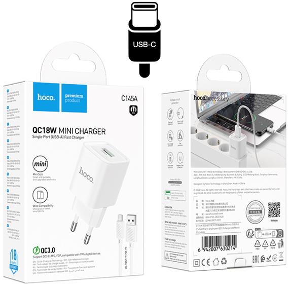 Cargador + Cable USB-C Hoco C145A QC3.0 Blanco