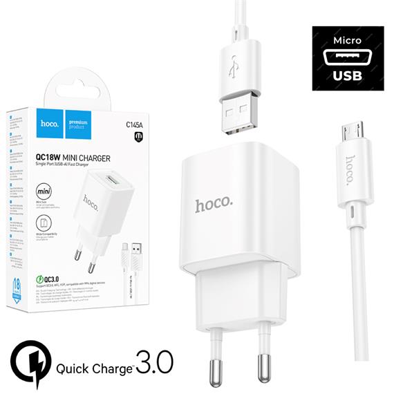 Cargador + Cable Micro USB Hoco C145A 18W QC3.0 Blanco