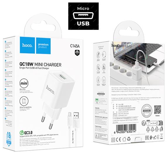 Cargador + Cable Micro USB Hoco C145A 18W QC3.0 Blanco