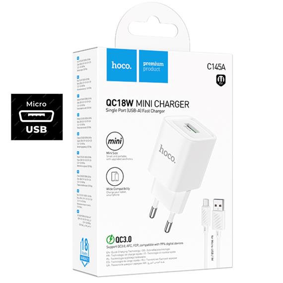 Cargador + Cable Micro USB Hoco C145A 18W QC3.0 Blanco