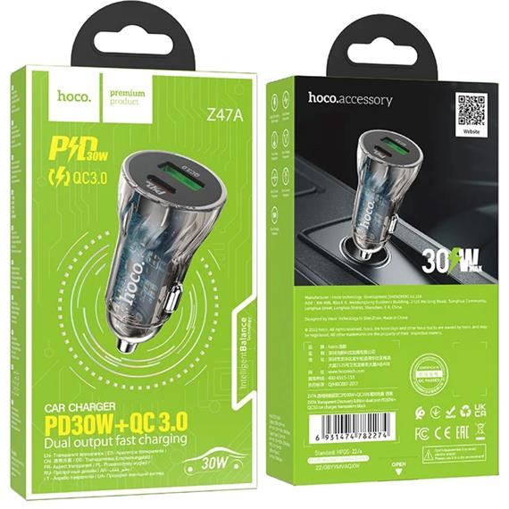 Cargador Coche Hoco Z47A Doble Puerto USB-A y USB-C PD30W+QC3.0