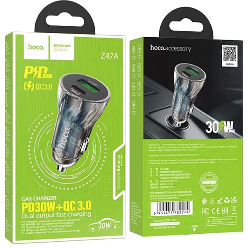 Cargador Coche Hoco Z47A Doble Puerto USB-A y USB-C PD30W+QC3.0
