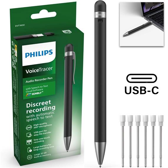 Philips DVT1600 Grabadora de Voz Bolígrafo con USB-C y Sembly AI