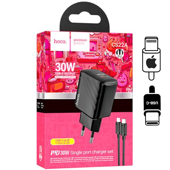 Cargador USB-C + Cable Lightning Hoco CS22 PD 30W Negro