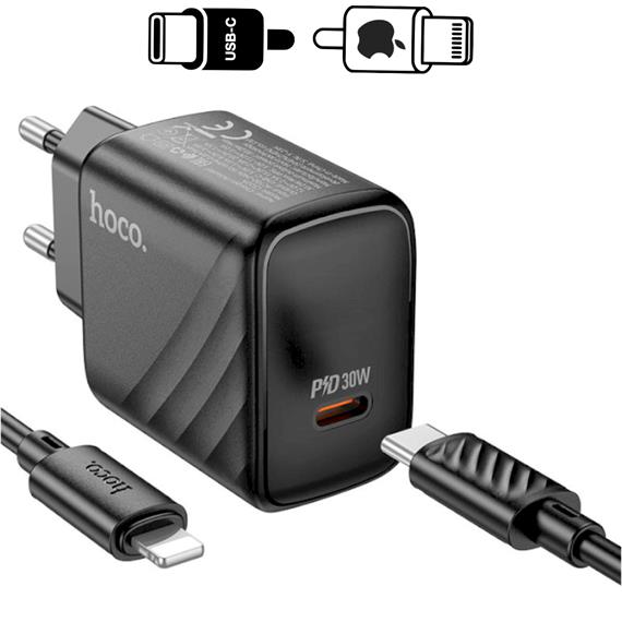 Cargador USB-C + Cable Lightning Hoco CS22 PD 30W Negro