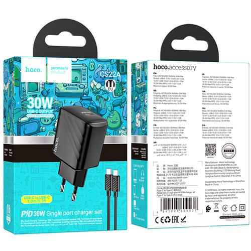 Cargador USB-C + Cable USB-C Hoco CS22  PD30W Negro