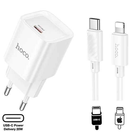 Cargador USB-C 20W + Cable Lightning Hoco C146A PD20W Blanco