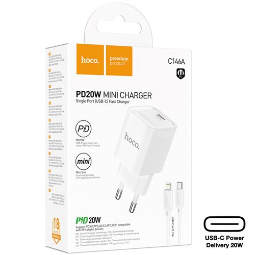 Cargador USB-C 20W + Cable Lightning Hoco C146A PD20W Blanco