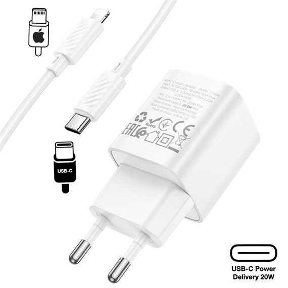 Cargador USB-C 20W + Cable Lightning Hoco C146A PD20W Blanco