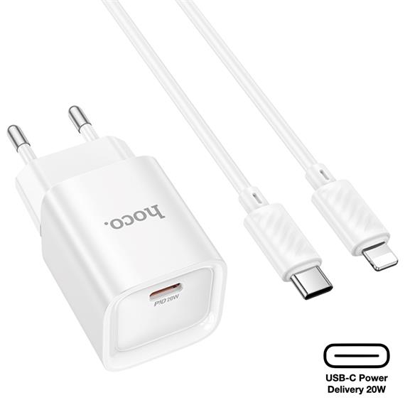 Cargador USB-C 20W + Cable Lightning Hoco C146A PD20W Blanco
