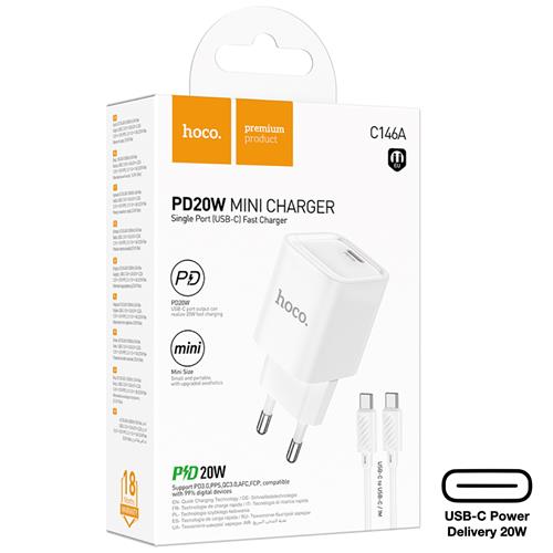 Cargador USB-C 20W + Cable USB-C Hoco C146A PD20W Blanco