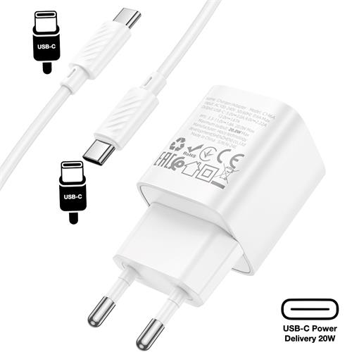 Cargador USB-C 20W + Cable USB-C Hoco C146A PD20W Blanco