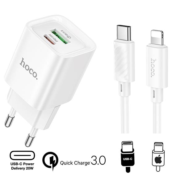 Hoco C147A Cargador Cham PD20W+QC3.0 Type-C to Lightning White
