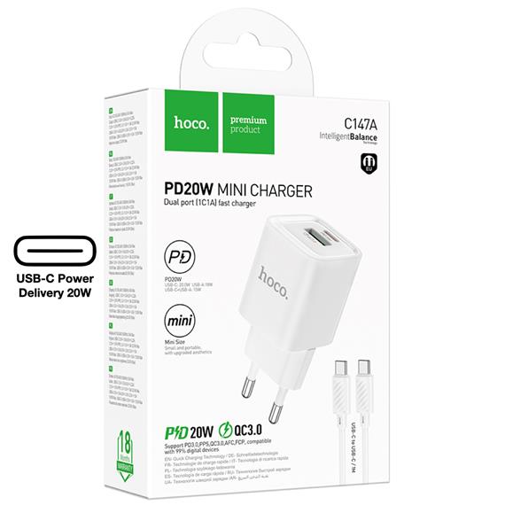 Hoco C147A Cargador Cham PD20W+QC3.0 Type-C to C White