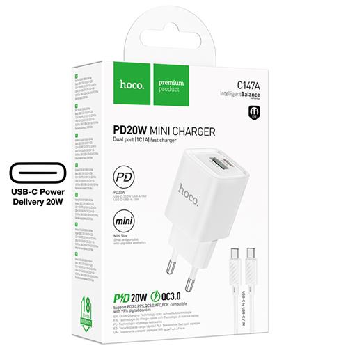 Hoco C147A Cargador Cham PD20W+QC3.0 Type-C to C White