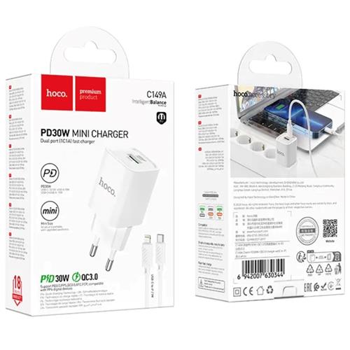 Hoco C149A Cargador Cham PD30W+QC3.0 Type-C to Lightning White