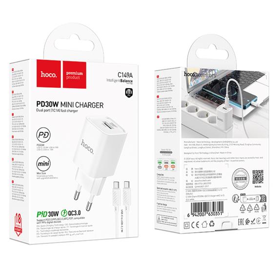 Hoco C149A Cargador Cham PD30W+QC3.0 Type-C to C White