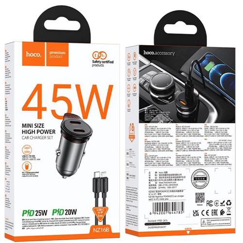 Cargador Coche USB-C 45W Hoco NZ16B con Salida Doble + Cable Lightning