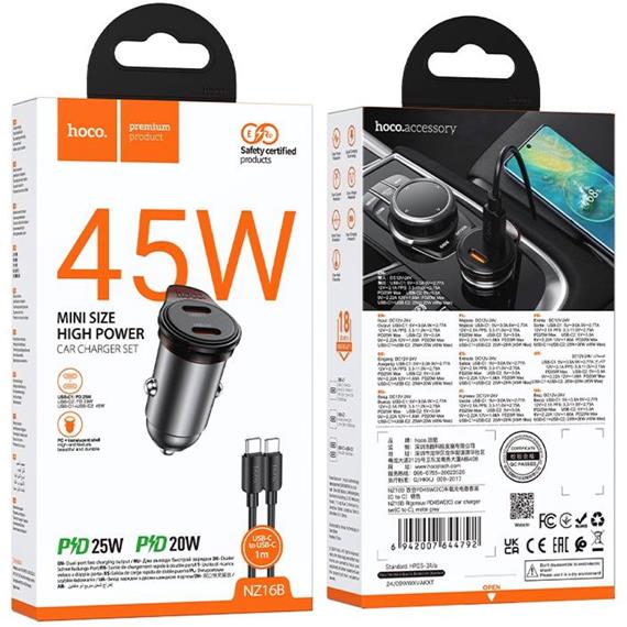 Cargador Coche USB-C 45W Hoco NZ16B con Salida Doble + Cable USB-C
