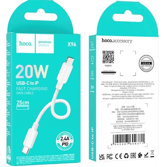 Cable USB-C a Lightning 0.25 metros 20w Hoco X96 Blanco