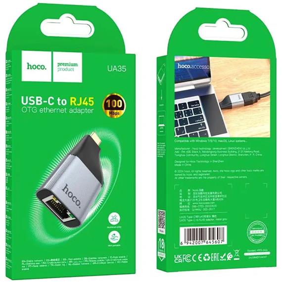 Adaptador USB-C a RJ45 RED Hoco UA35 Gris Metal