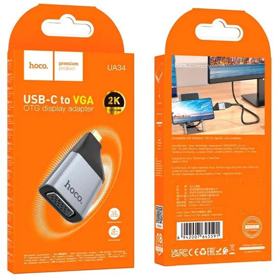 Adaptador USB-C a VGA Hoco UA34 Gris Metal