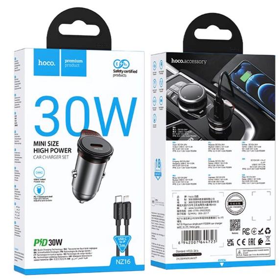 Cargador Coche USB-C 30W Hoco NZ16 con Salida Doble + Cable Lightning
