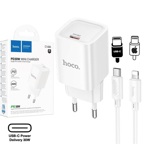 Hoco C148A Cargador Cham Single Port PD30W Type-C to Lightning White