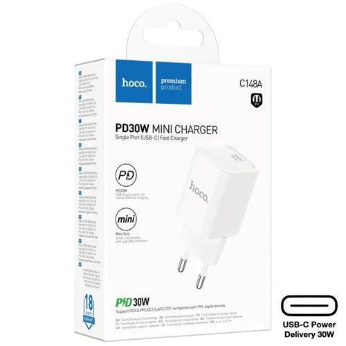 Hoco C148A Cargador Cham Single Port PD30W Type-C to Lightning White
