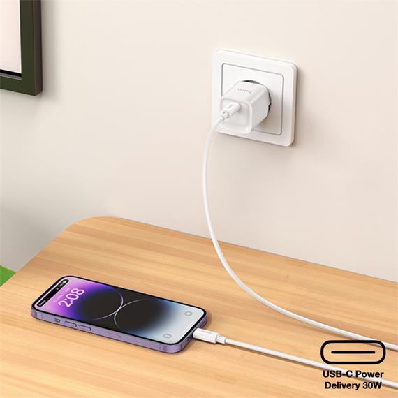 Hoco C148A Cargador Cham Single Port PD30W Type-C to Lightning White