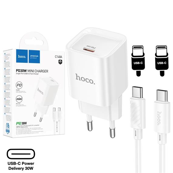 Hoco C148A Cargador Cham Single Port PD30W Type-C to C White