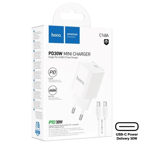 Hoco C148A Cargador Cham Single Port PD30W Type-C to C White