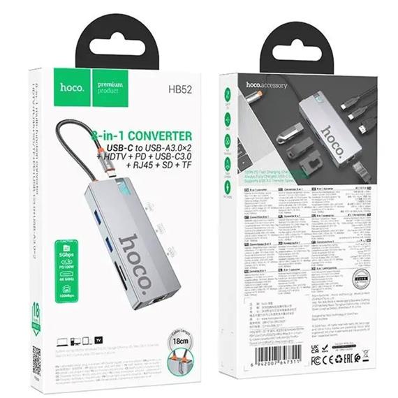 Adaptador USB-C 8-1 Hoco HB52 HDMI + 2x USB 3.0 + PD + RJ45 + MicroSD/SD